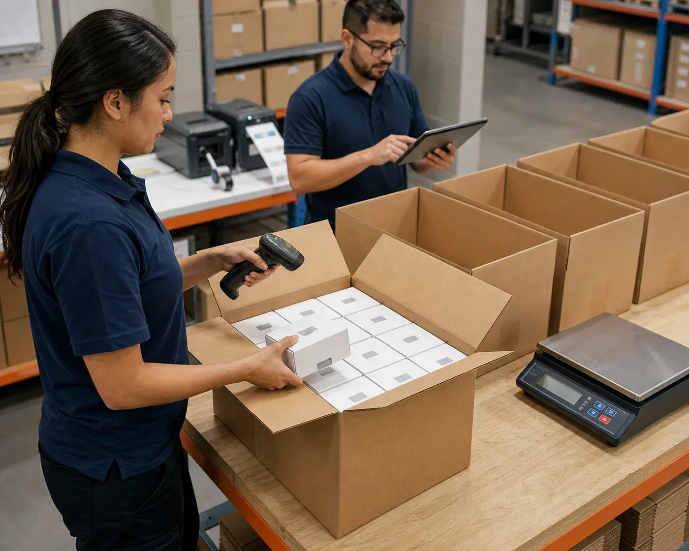 Warehouse specialists selecting and verifying cartons for a product order