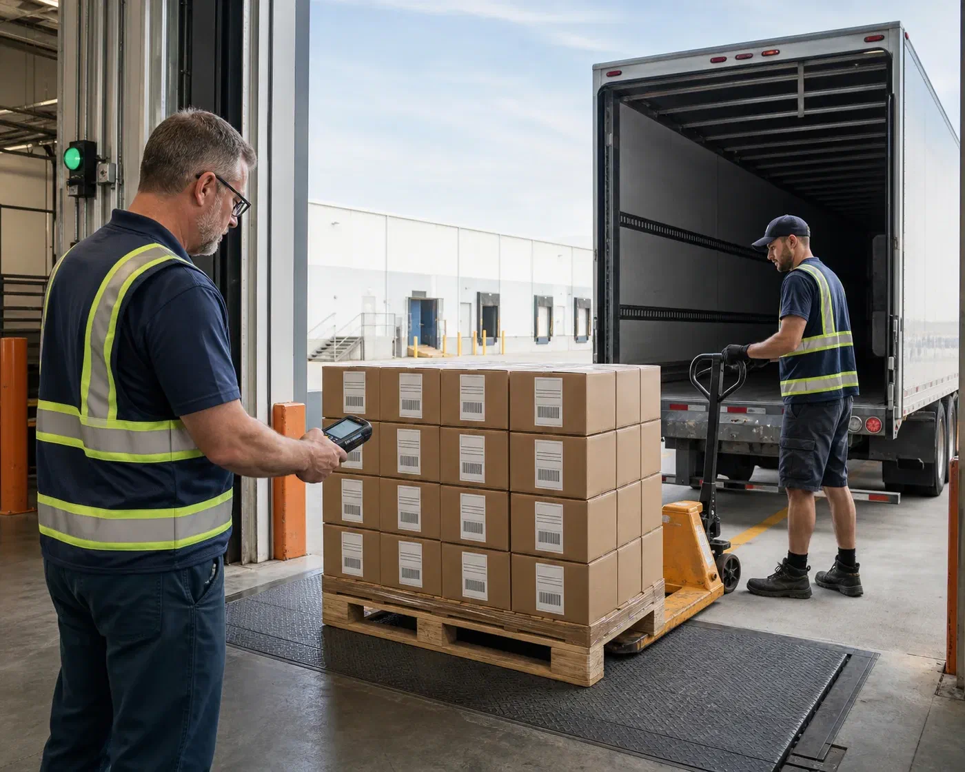 Prepared marketplace cartons being scanned and loaded for inbound transport