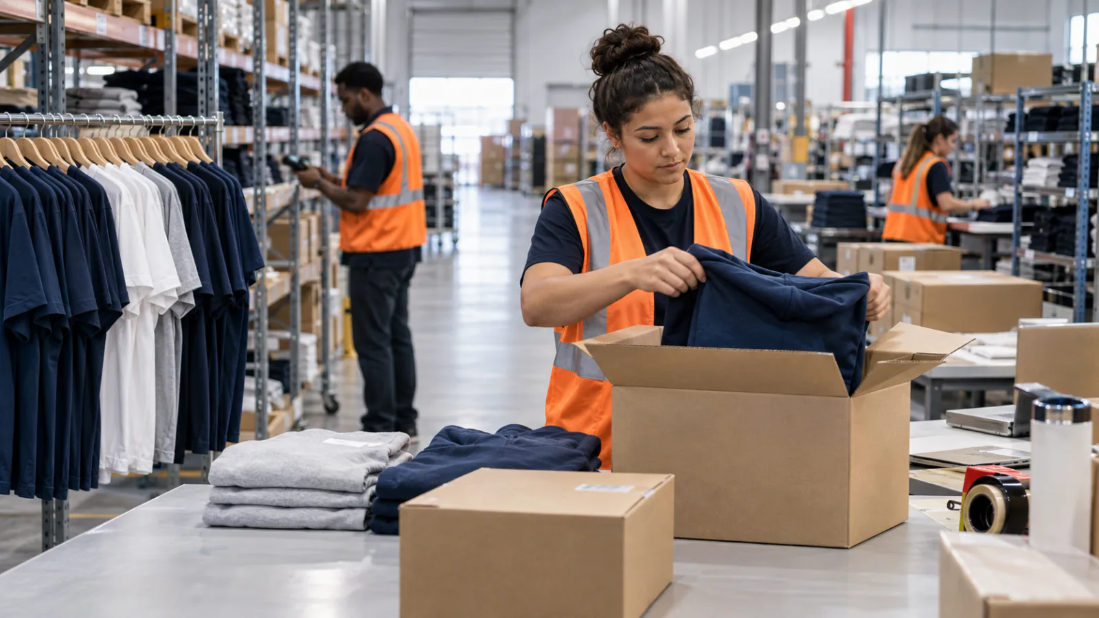 An associate folding clothing into a shipping carton in an apparel warehouse