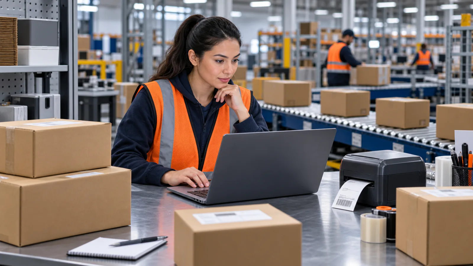 A shipping coordinator using a laptop beside parcels and a label printer