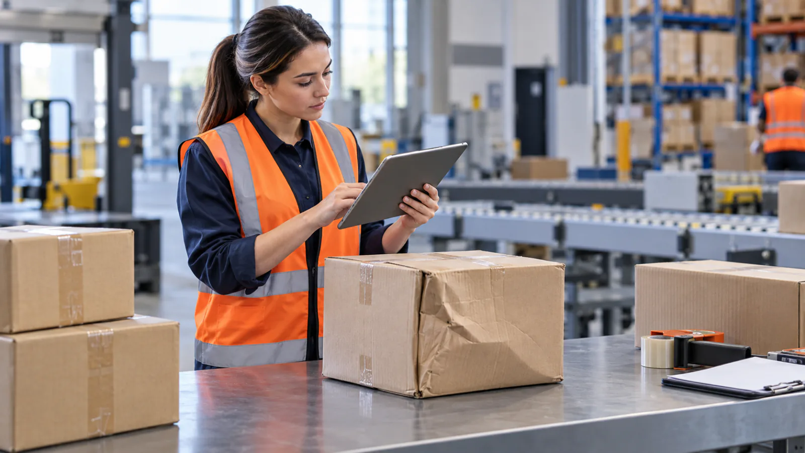 A warehouse associate documenting a damaged carton on a tablet