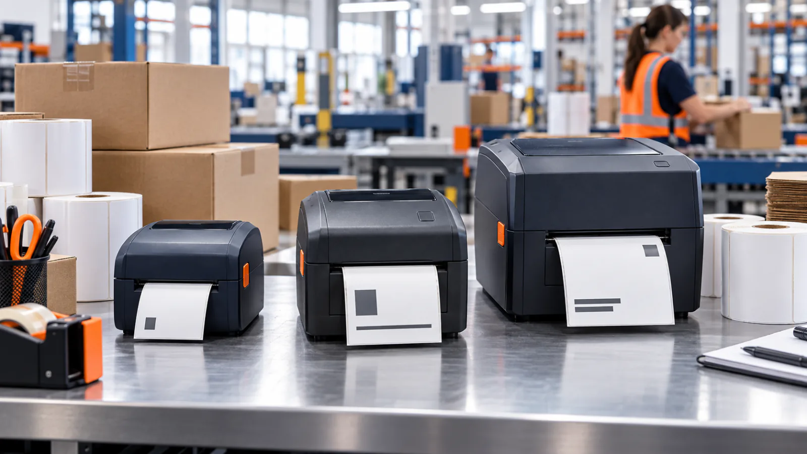 Three shipping label printers arranged at a warehouse packing station