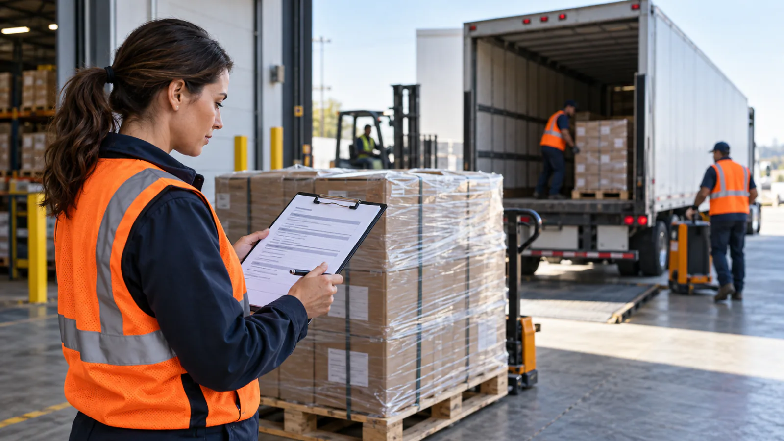 A warehouse associate checking shipping paperwork beside a pallet and loading truck