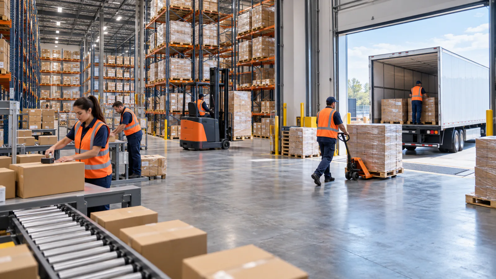 Warehouse teams packing parcels and moving pallets toward a loading dock