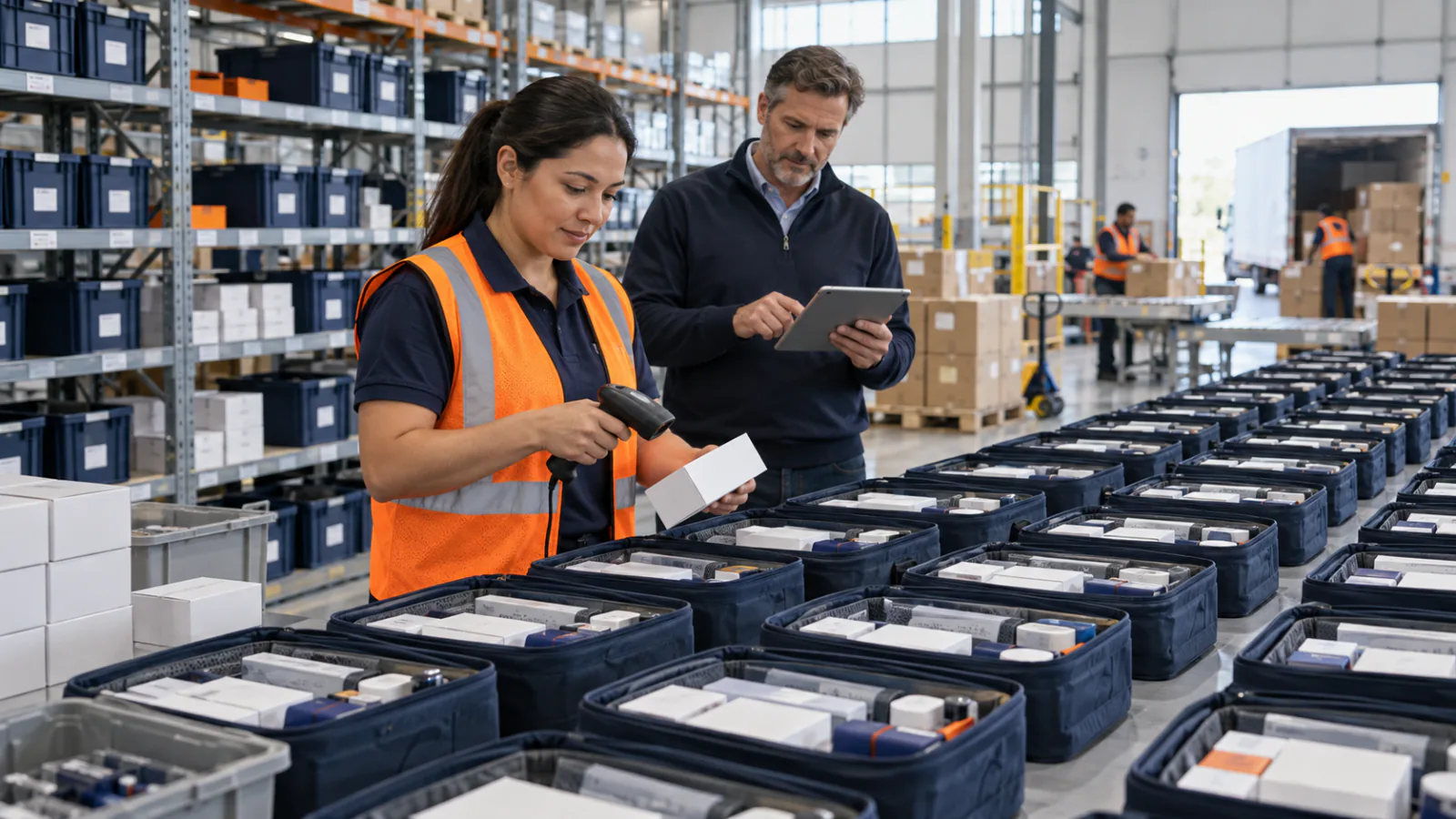 Two inventory specialists scanning products arranged in warehouse bins