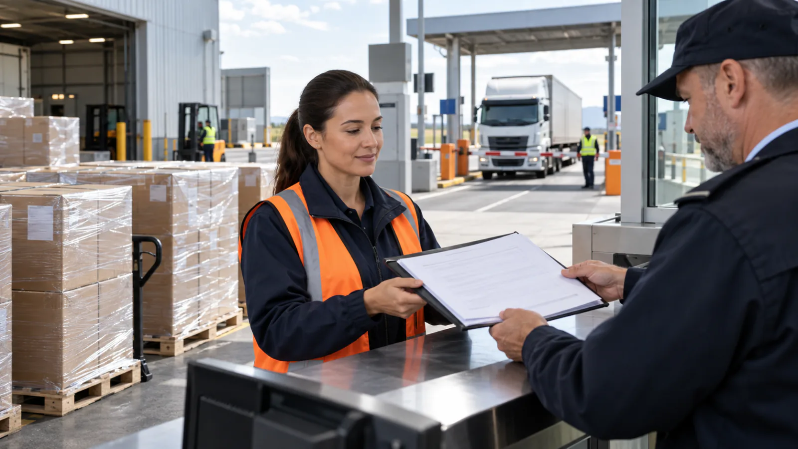 A shipping coordinator handing documents to a driver at a freight checkpoint