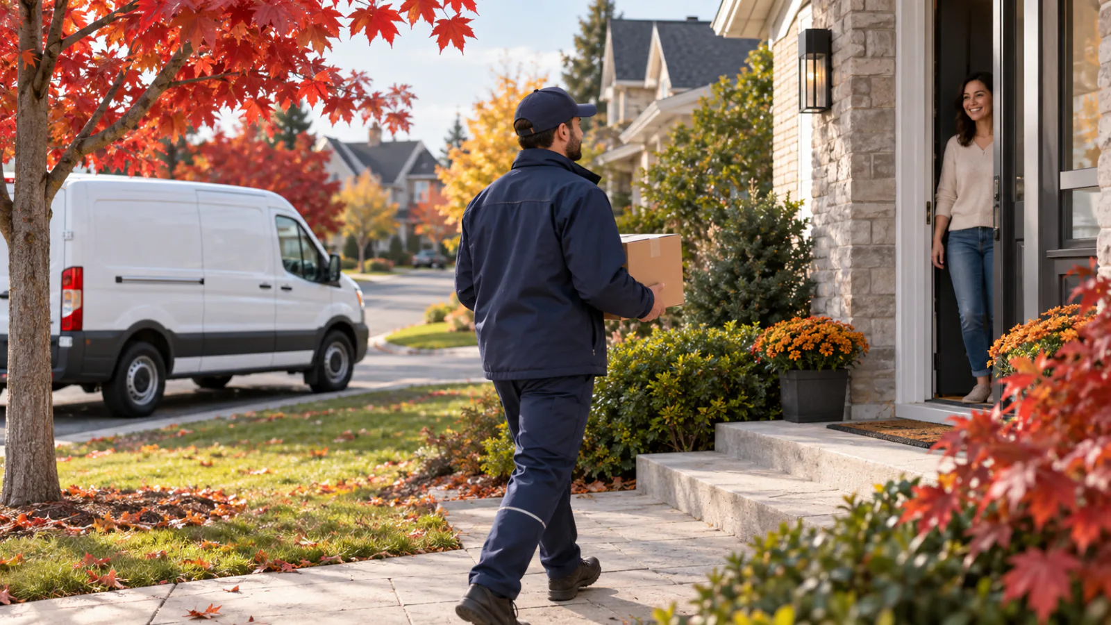 A courier carrying a parcel to a home's front door in autumn