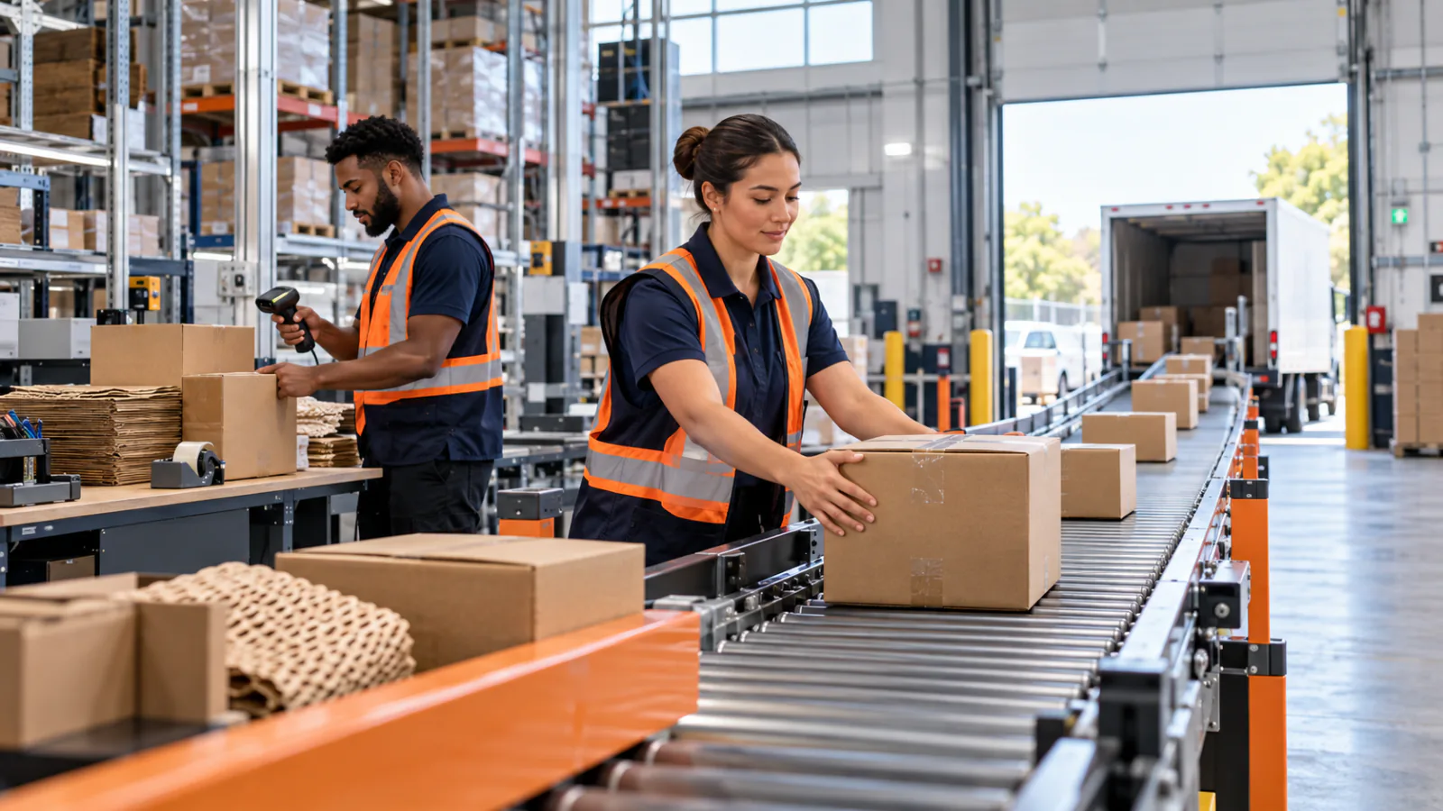 Warehouse associates scanning parcels and placing cartons on an outbound conveyor