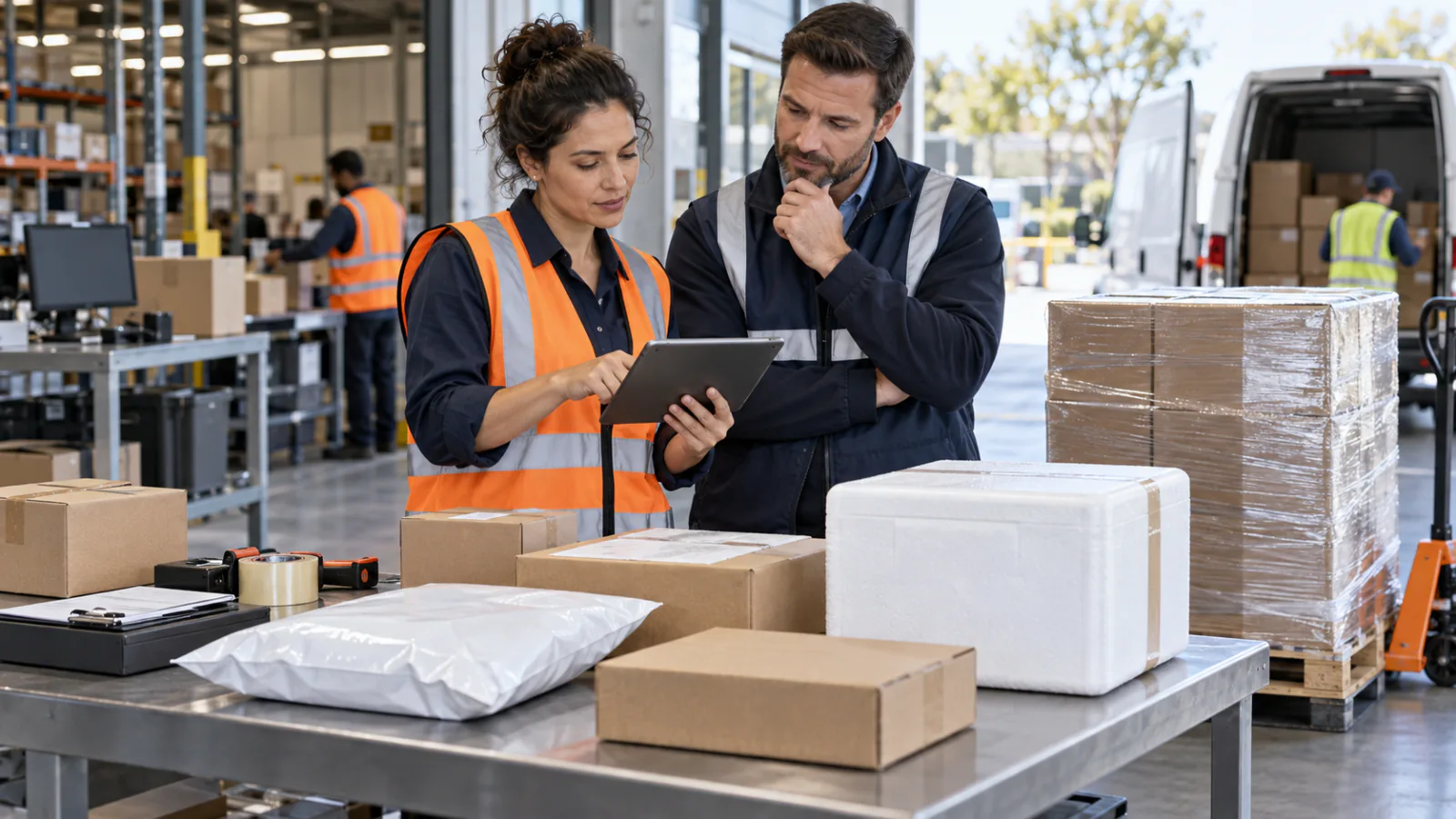 Two shipping professionals reviewing a tablet beside parcel packaging options
