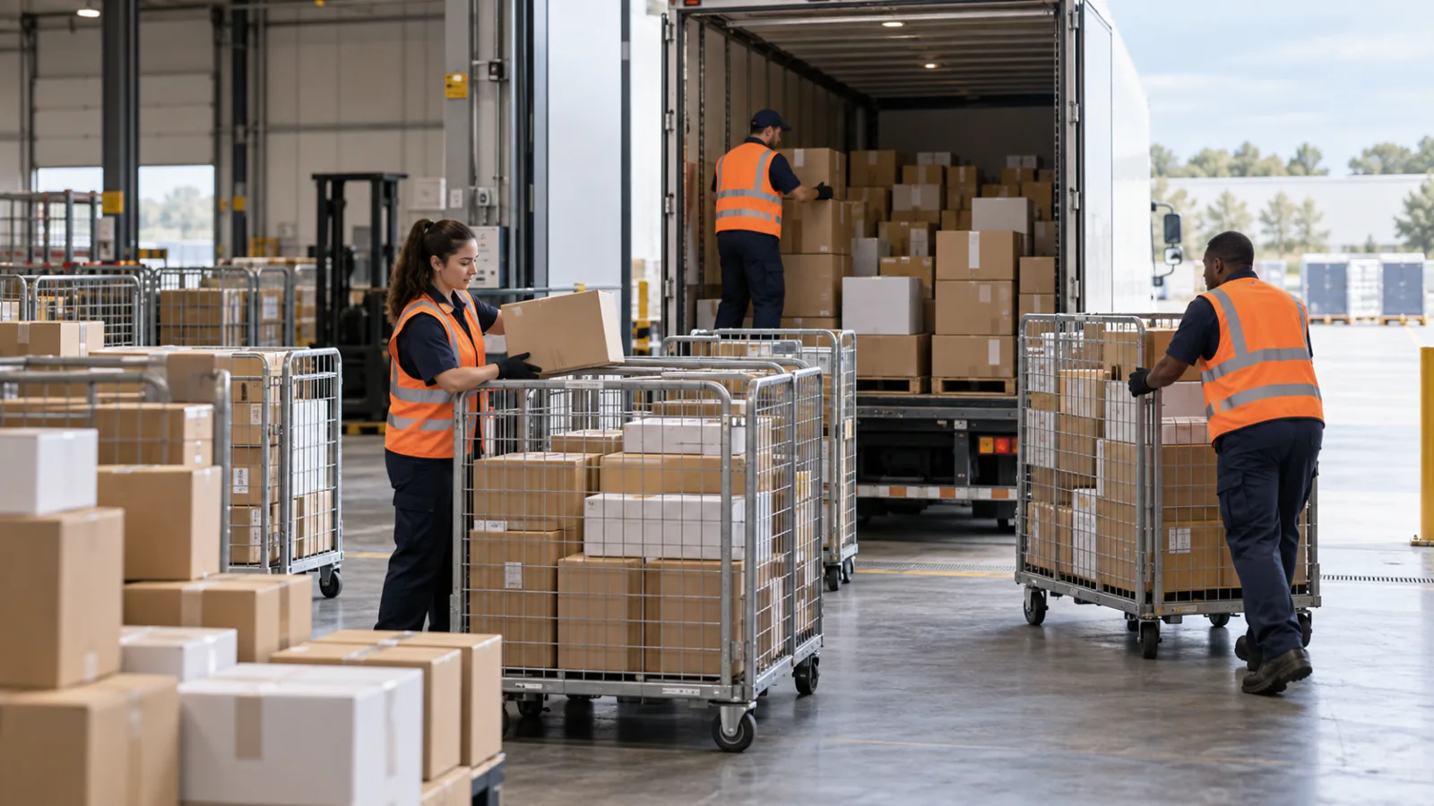 Warehouse associates consolidating parcels in rolling cages beside a loading truck
