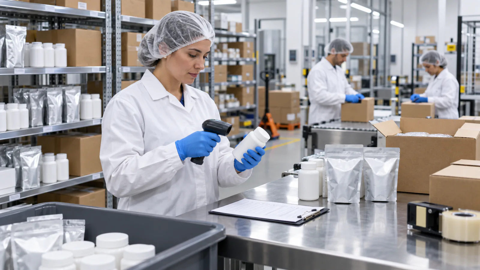 A gloved fulfillment worker scanning a product bottle at a clean packing station