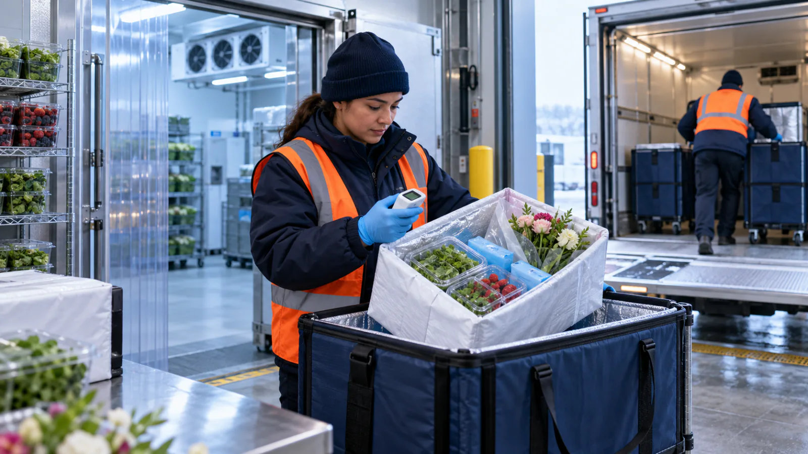 A warehouse associate checking a perishable shipment beside refrigerated storage