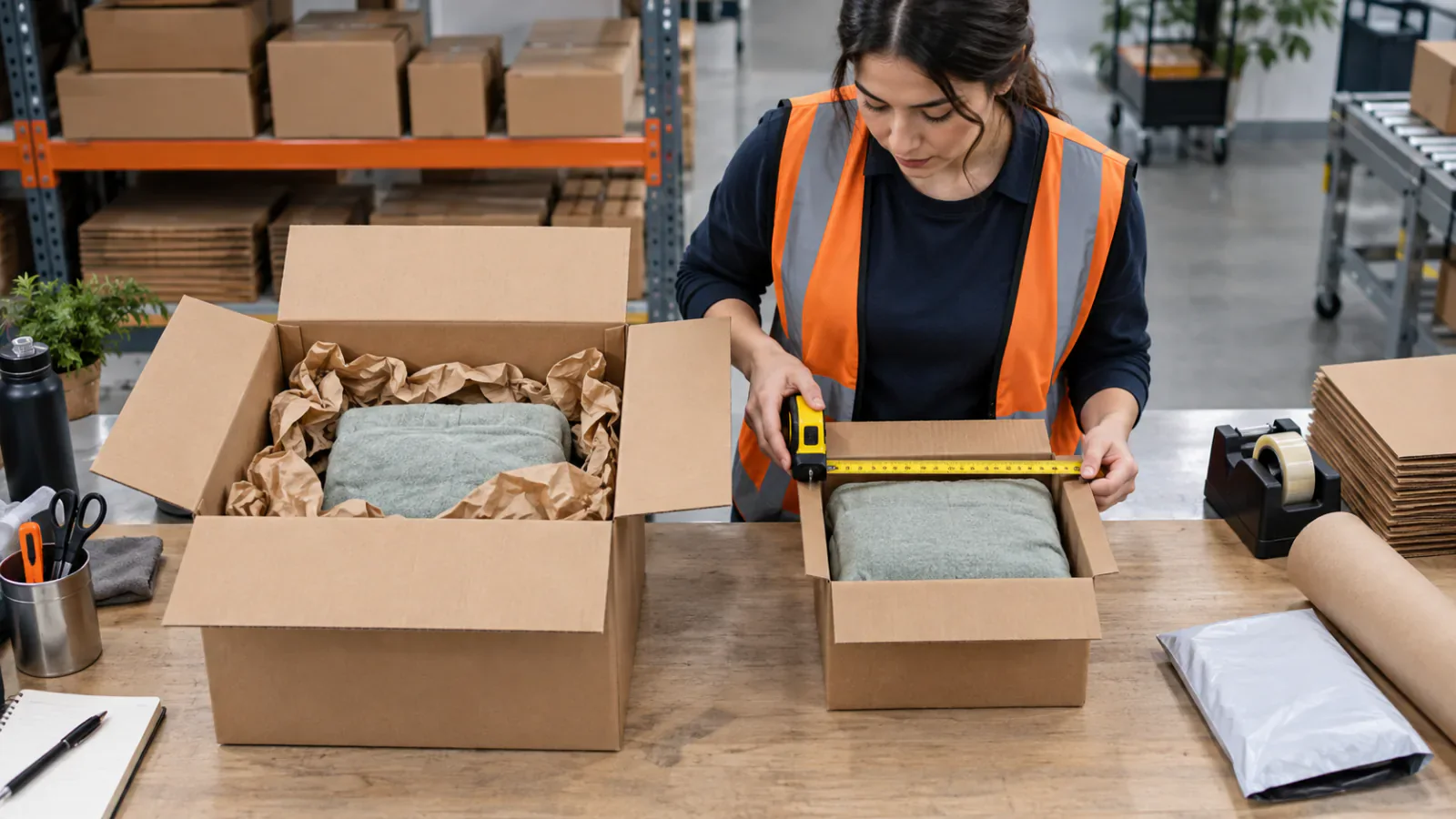 An associate measuring a fitted shipping box beside a larger carton with packing paper