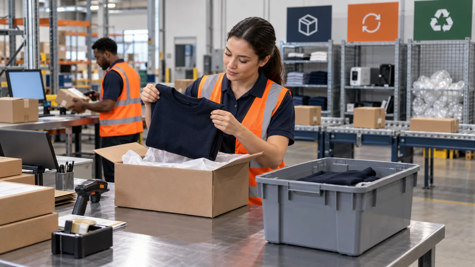 A returns associate inspecting clothing beside sorting and recycling stations