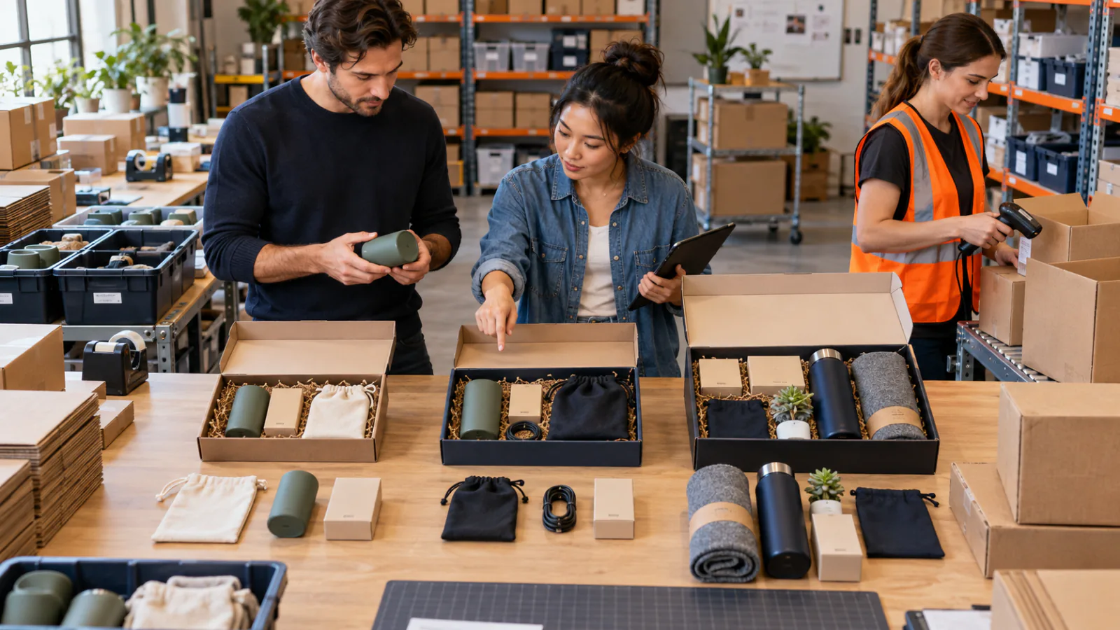 Two business owners checking product bundles before a fulfillment team packs orders