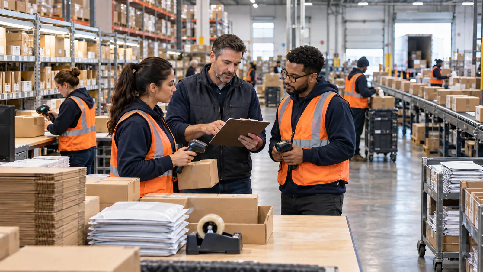 A warehouse team reviewing a packing plan during a busy fulfillment shift
