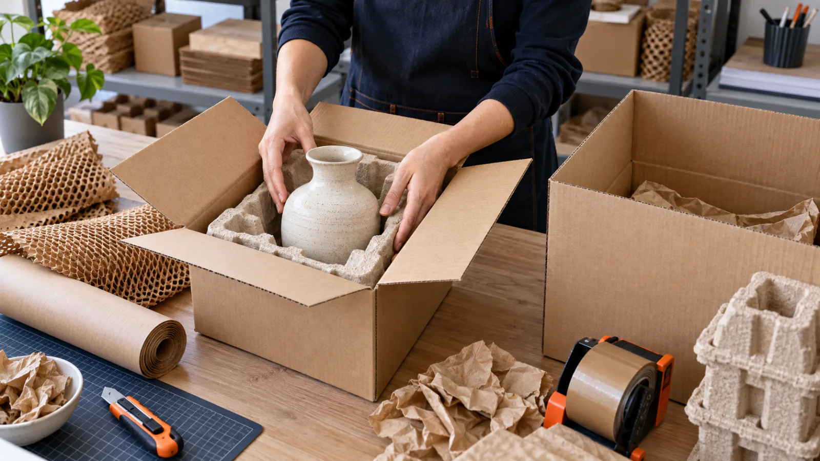 Hands placing a ceramic vase into fitted protective packaging