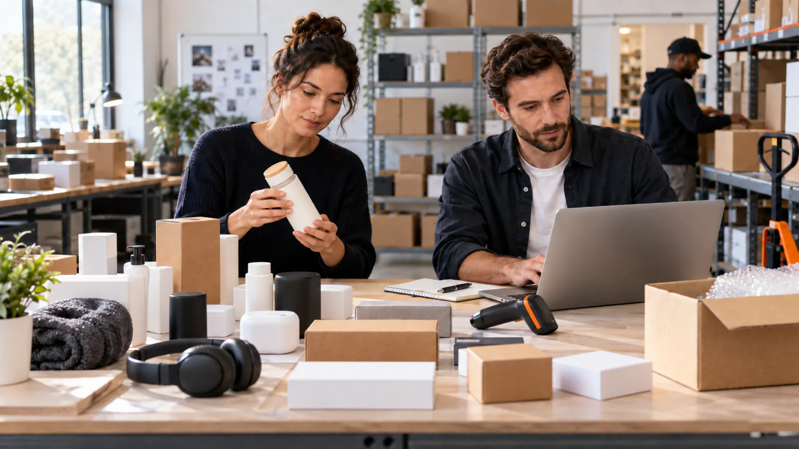 Two online sellers reviewing products and a laptop at a warehouse worktable