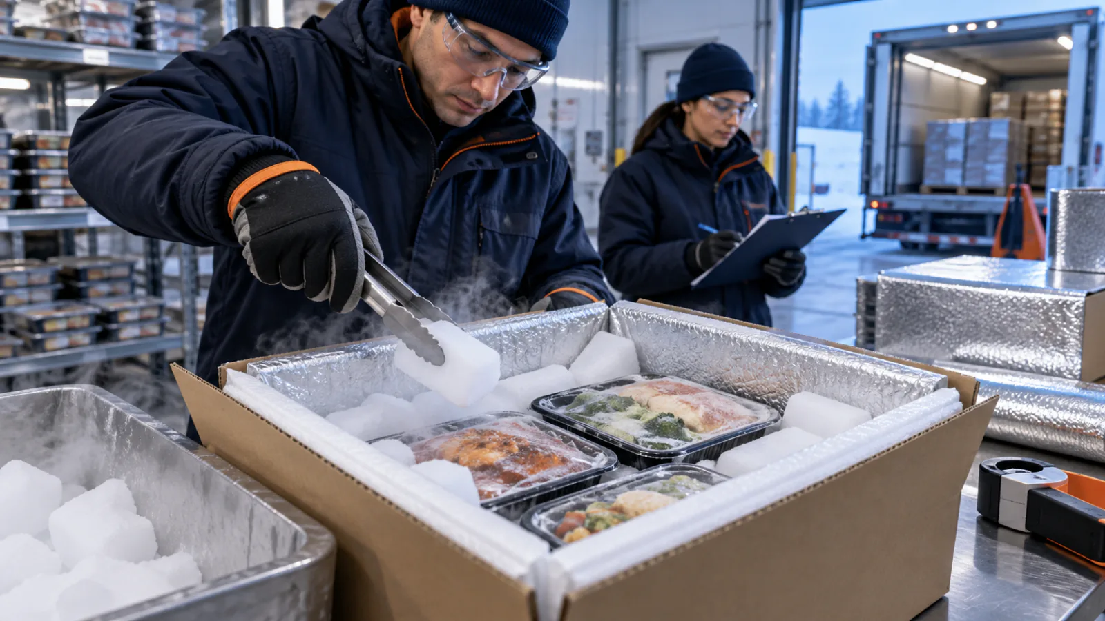 A gloved worker placing dry ice around frozen meals in an insulated shipping carton