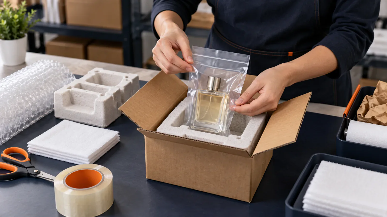 Hands placing a bagged perfume bottle into a fitted protective insert