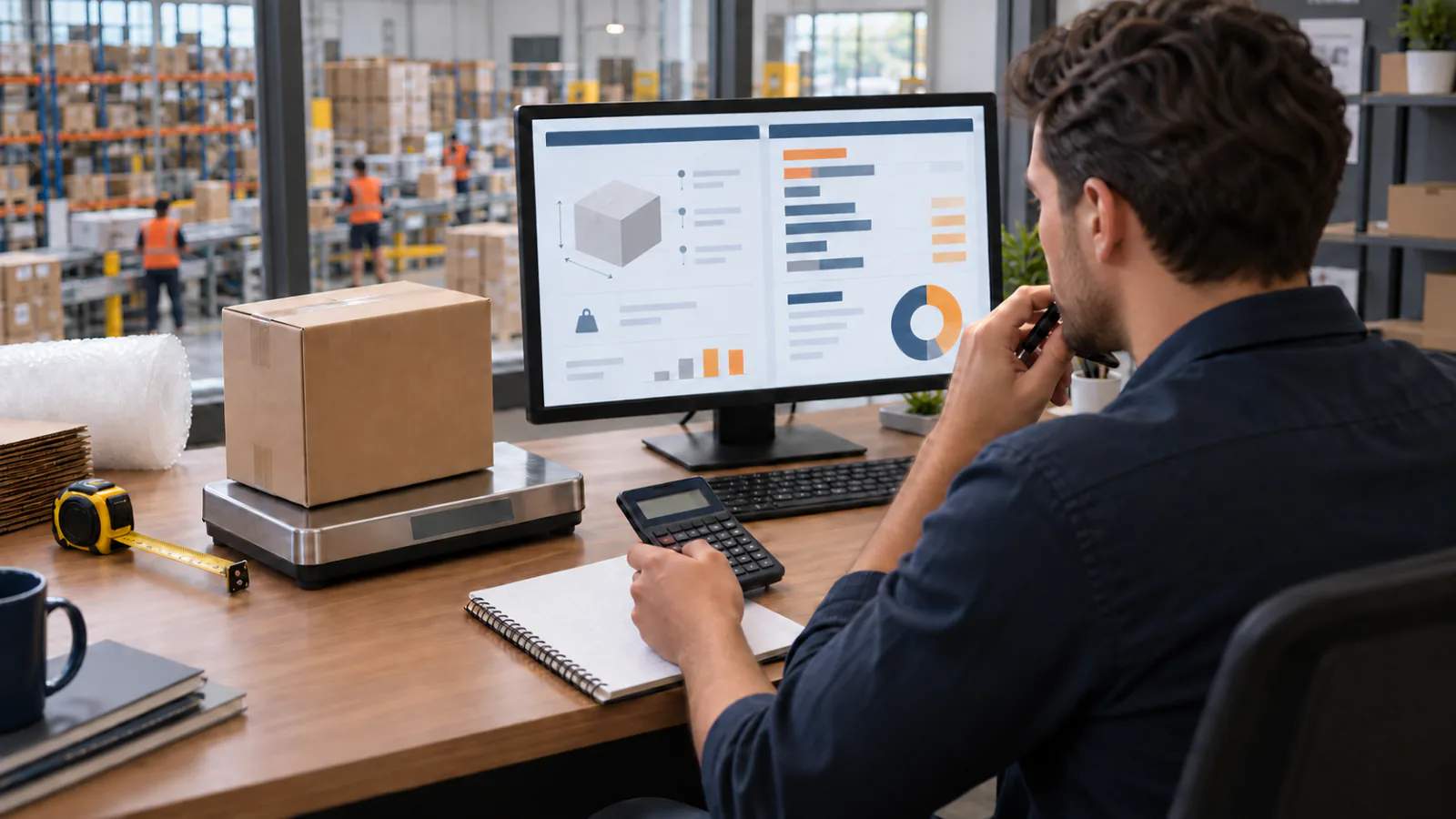 An online seller comparing parcel measurements with a shipping cost dashboard