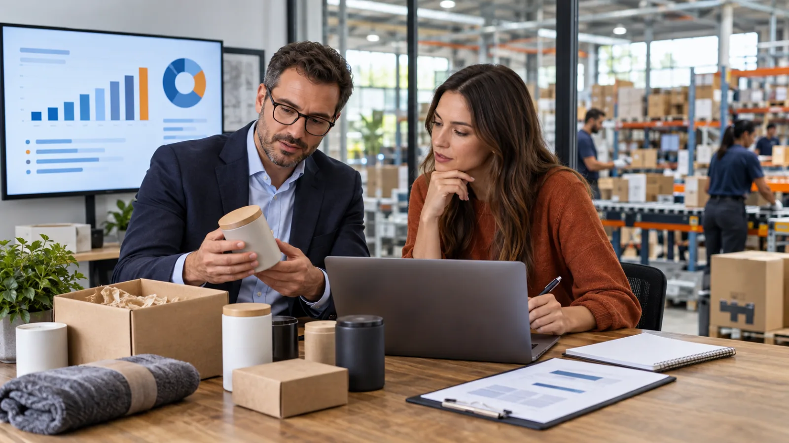 Two business professionals reviewing products and sales figures at a warehouse table