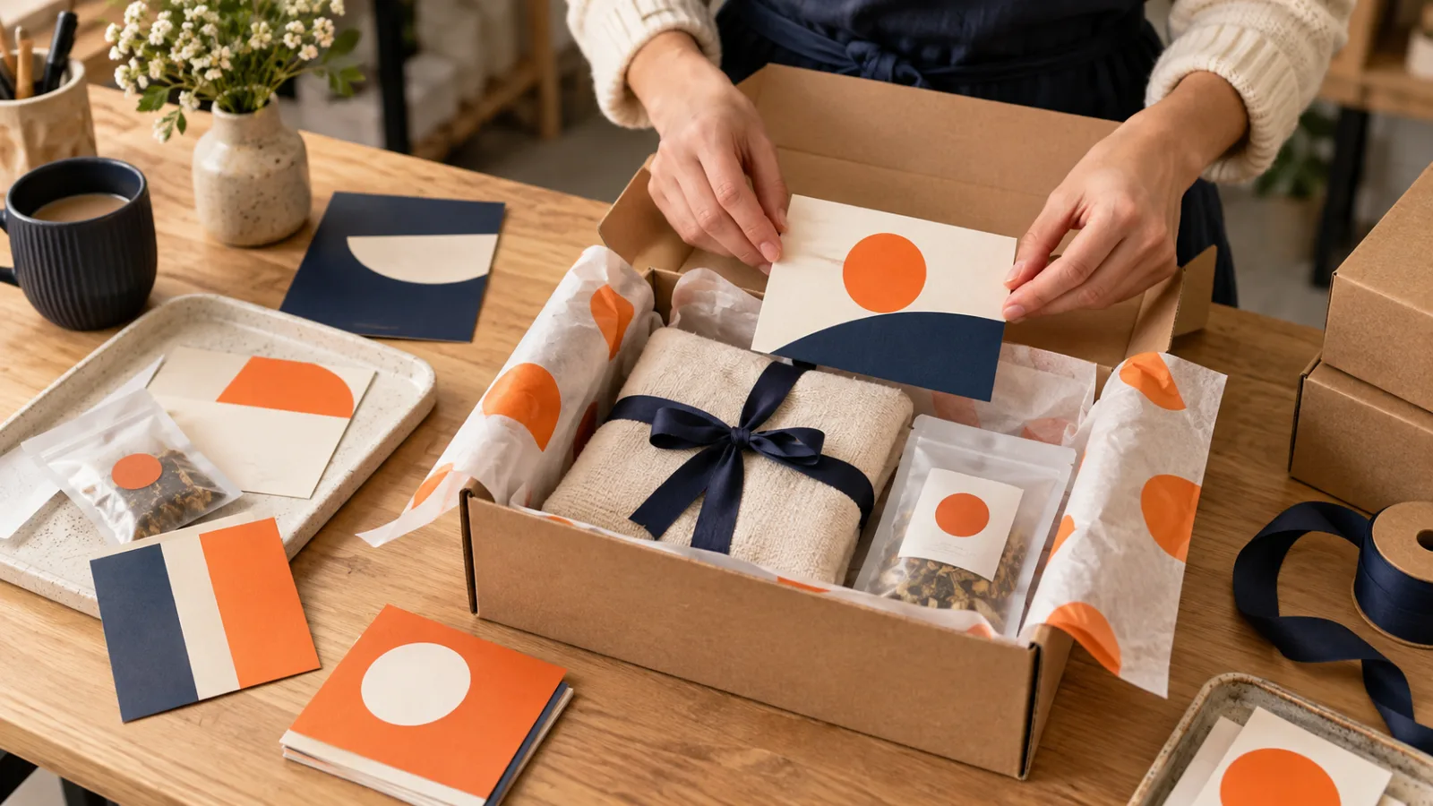 Hands adding a branded insert card to a carefully wrapped customer order