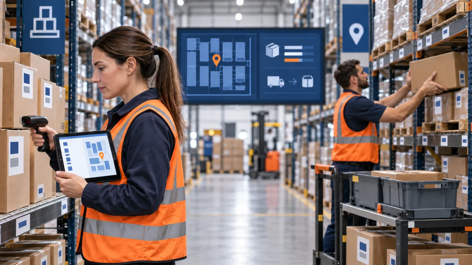A warehouse associate scanning stock while a colleague places cartons on shelving