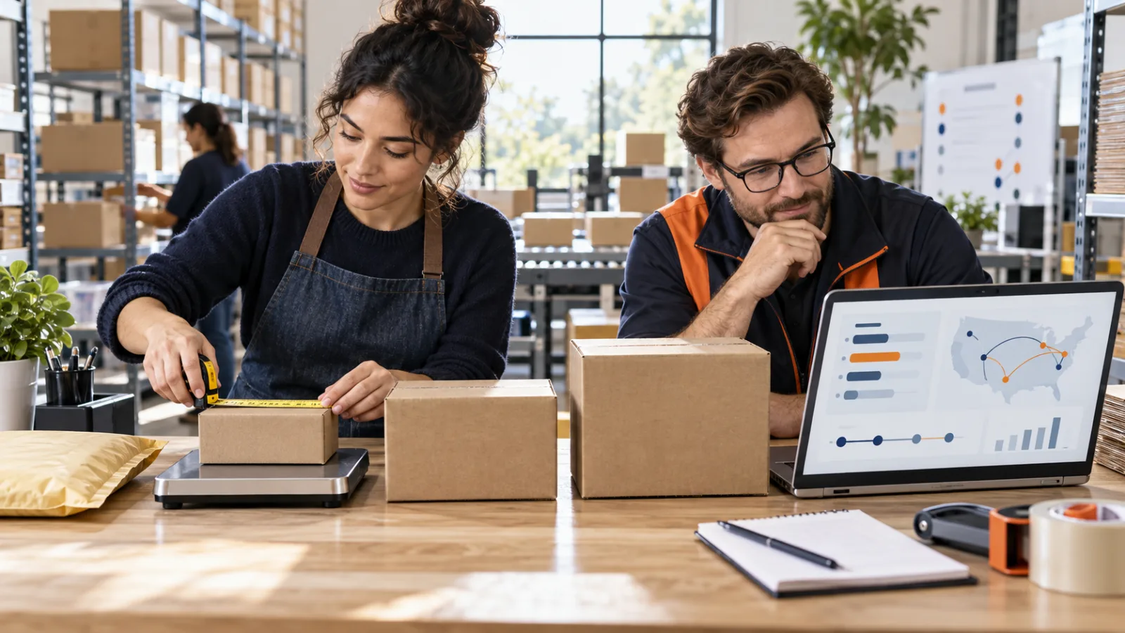 Two business owners measuring parcels and reviewing shipping costs on a laptop