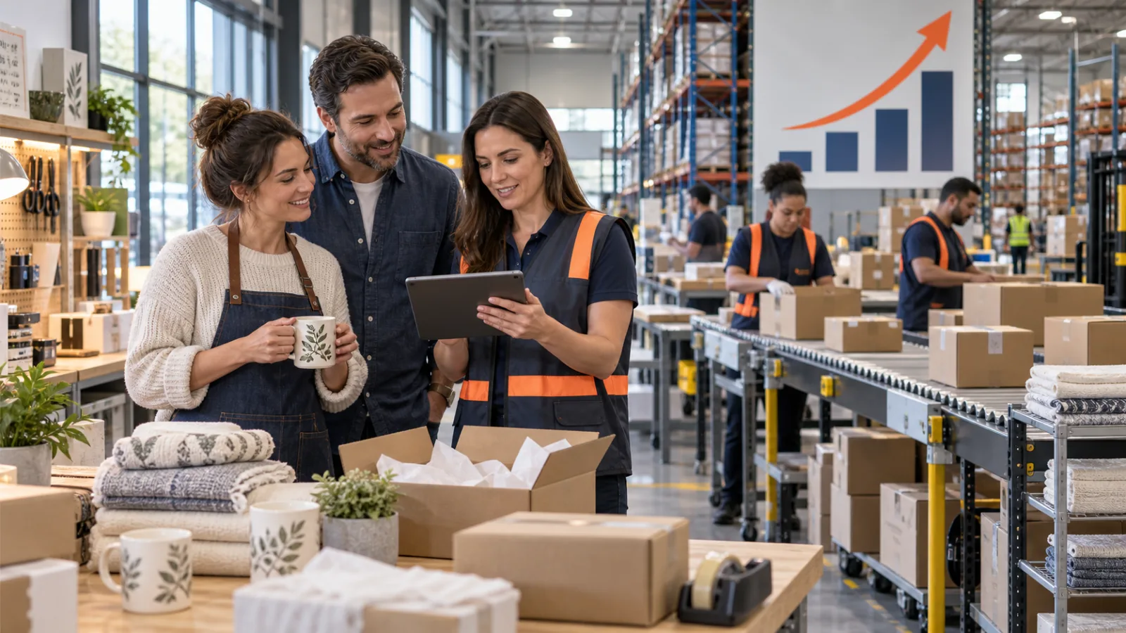 Three business and logistics professionals reviewing a tablet beside a busy packing line