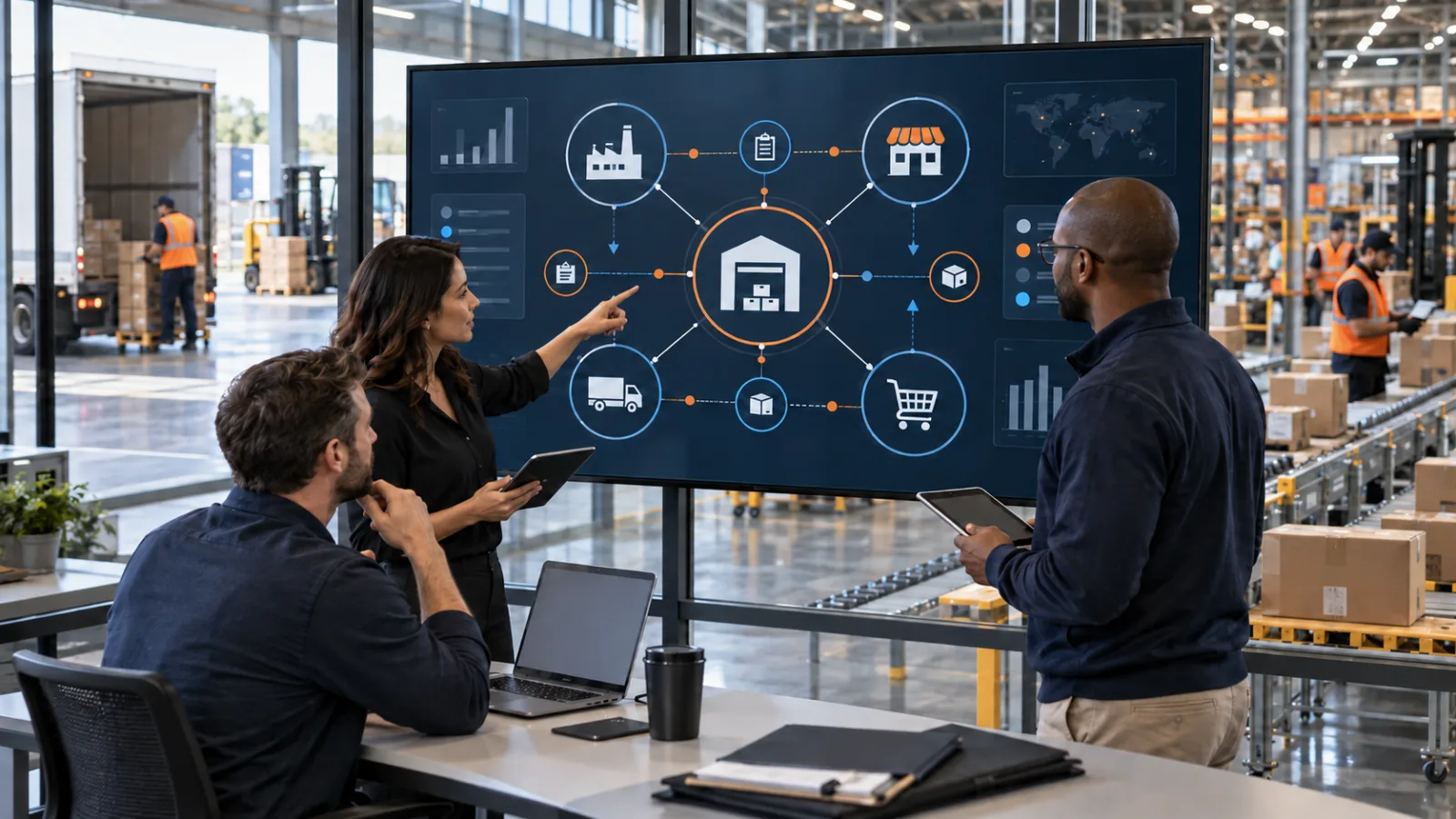 A logistics team reviewing connections between warehouses, stores and delivery services