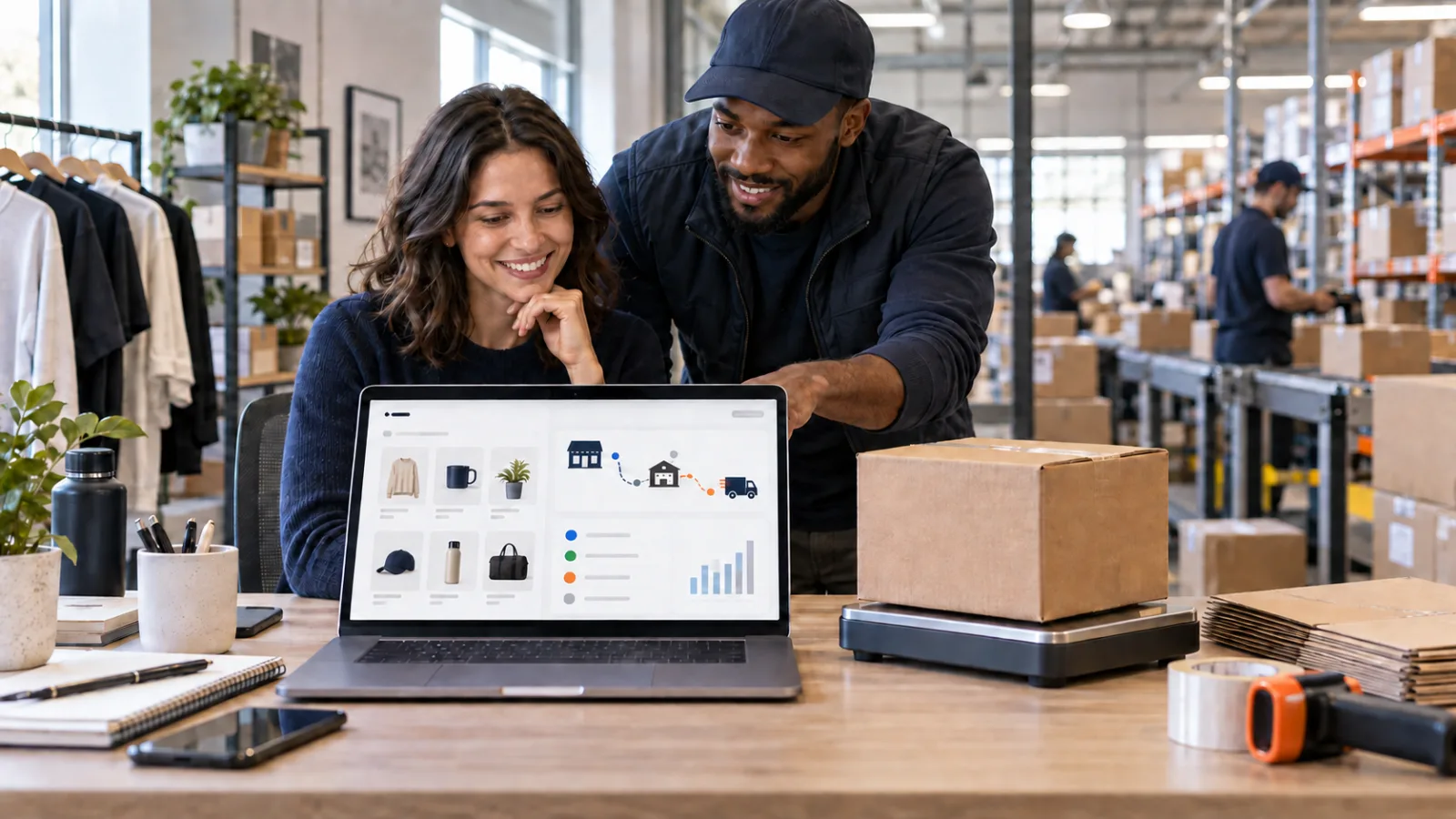 Two store owners reviewing an online shop and shipping dashboard on a laptop