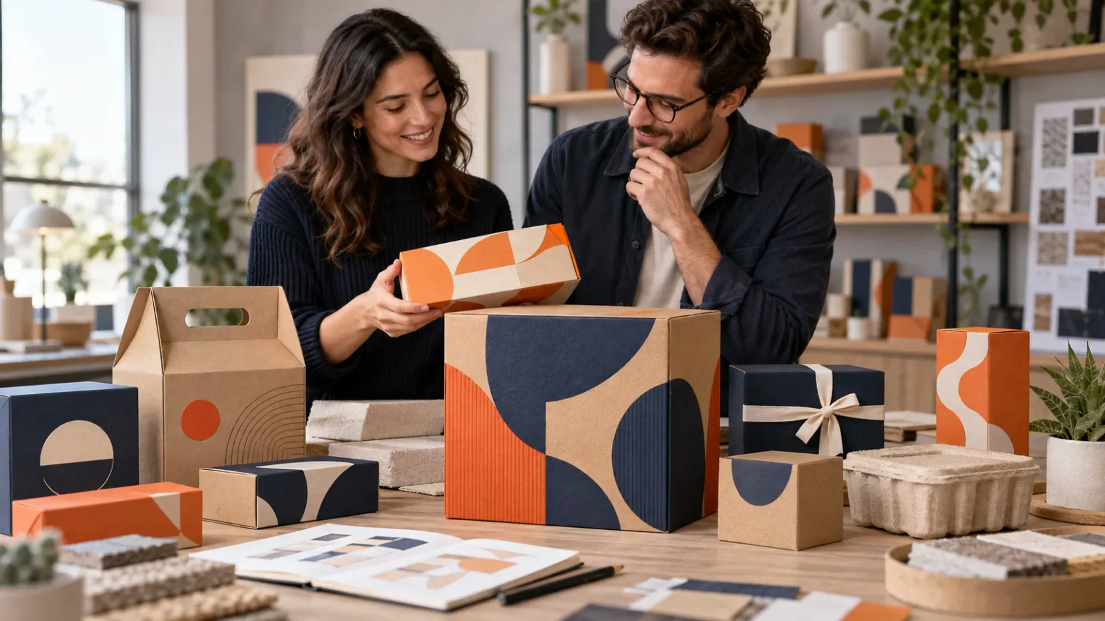 Two business owners examining custom printed boxes and packaging samples