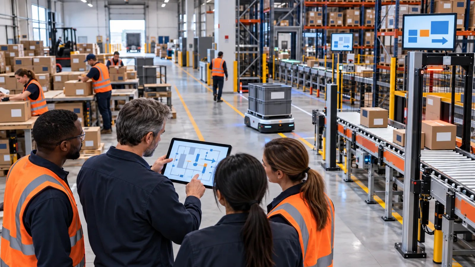 A warehouse team reviewing an operating layout beside conveyors and a mobile robot