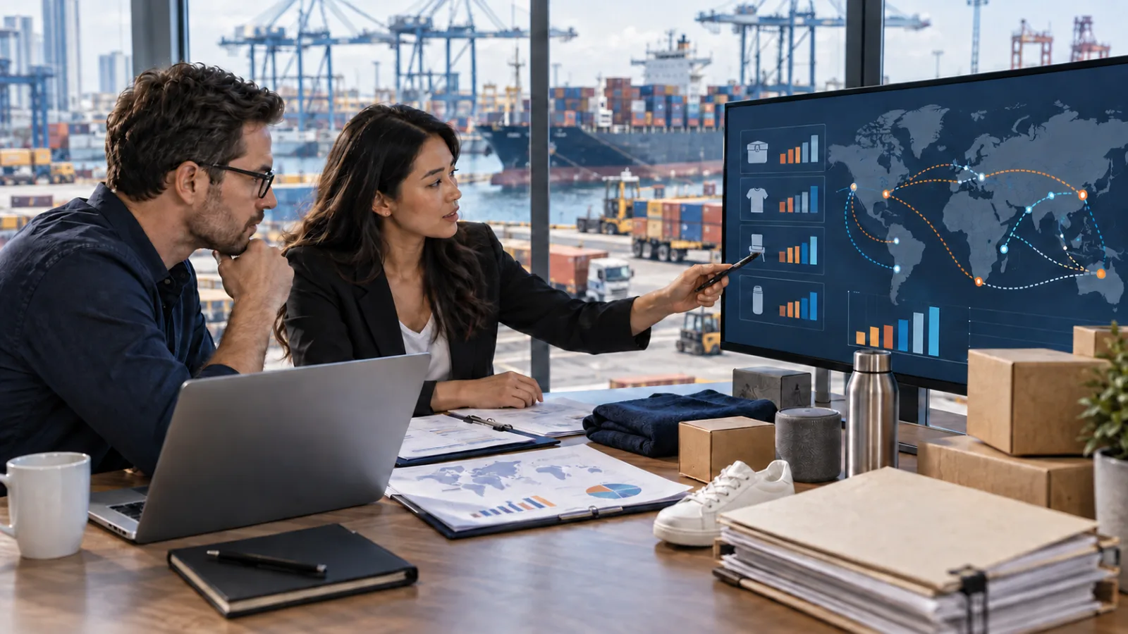 Two business professionals reviewing international shipping routes and cost charts