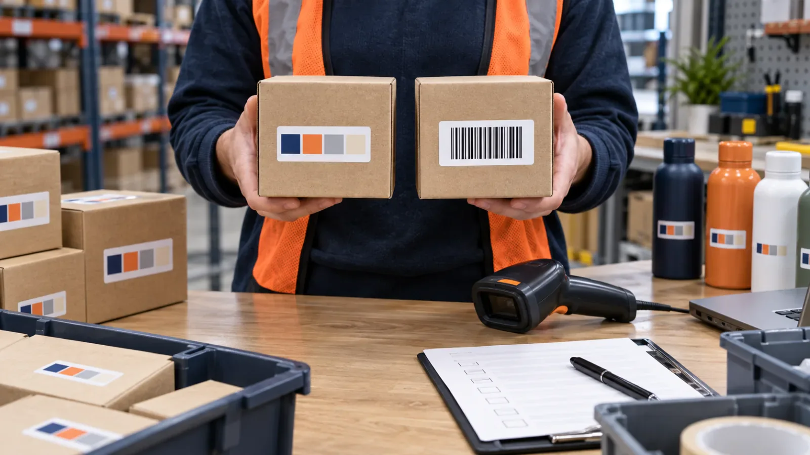 A warehouse associate holding cartons with a color-coded stock label and a barcode