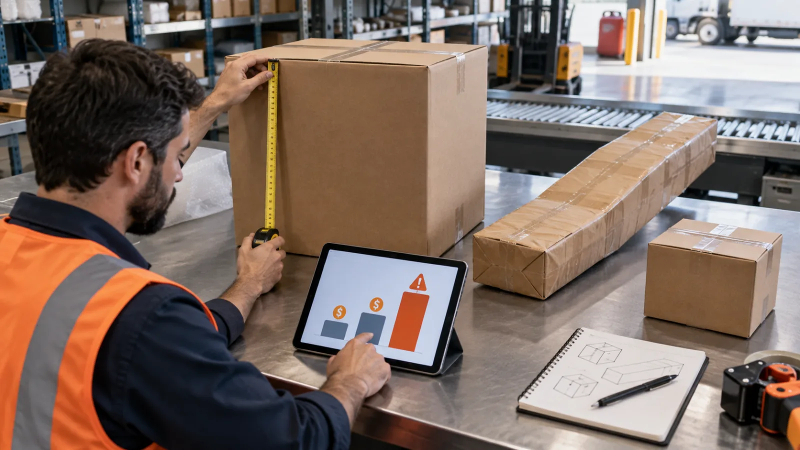 A shipping associate measuring an oversized carton beside a cost chart on a tablet