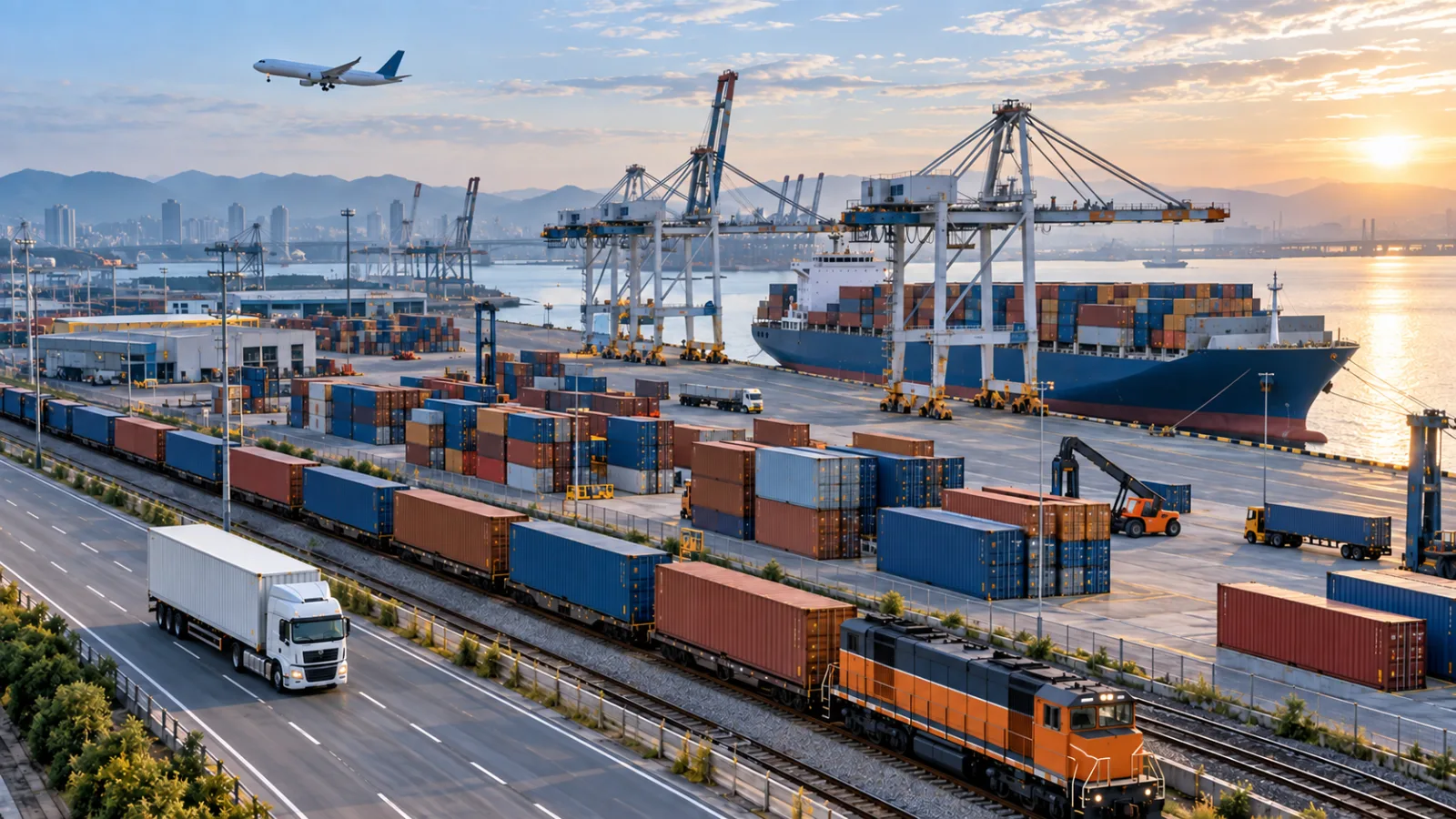 Cargo moving by ship, train, truck and airplane at a container port