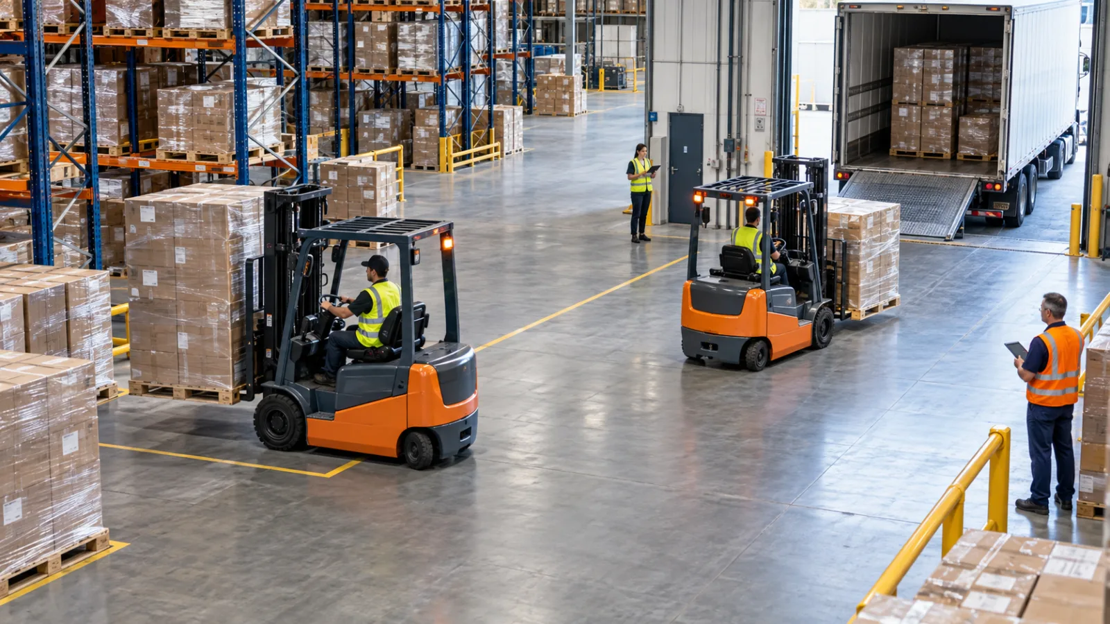 Forklifts moving wrapped pallets between warehouse storage and an outbound truck