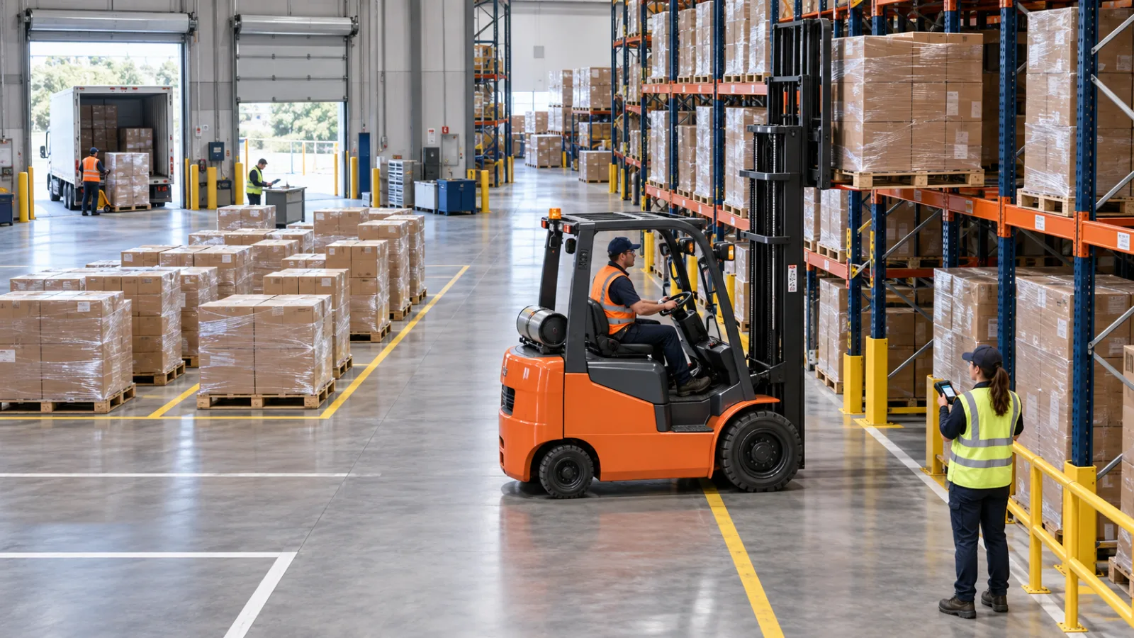A forklift placing a pallet into warehouse racking while an associate verifies its location