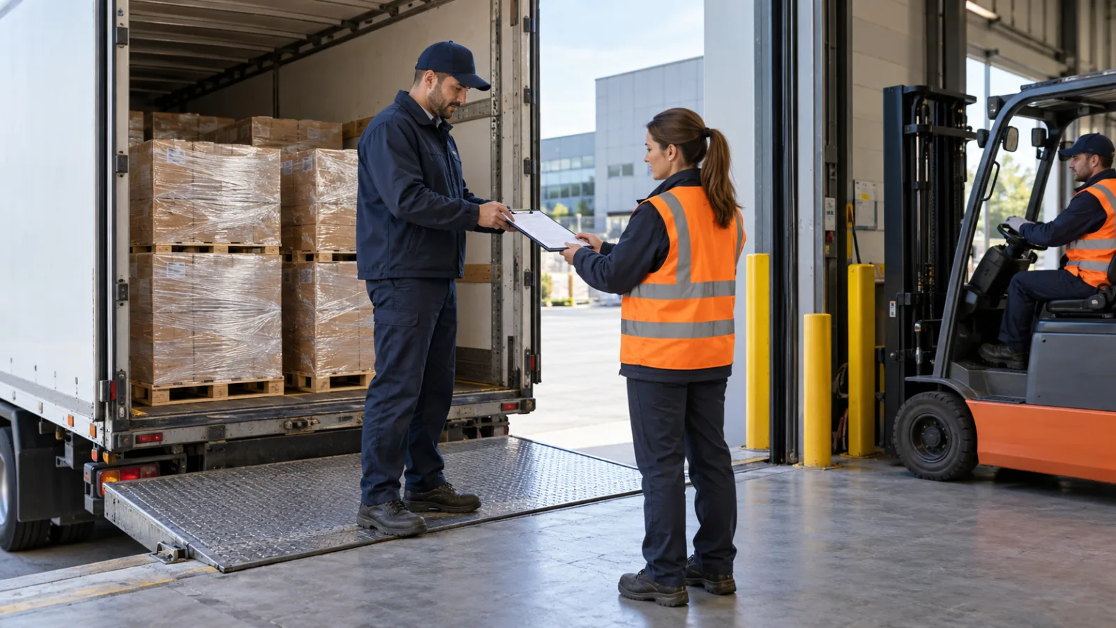 A driver handing delivery paperwork to a warehouse associate beside a loaded truck