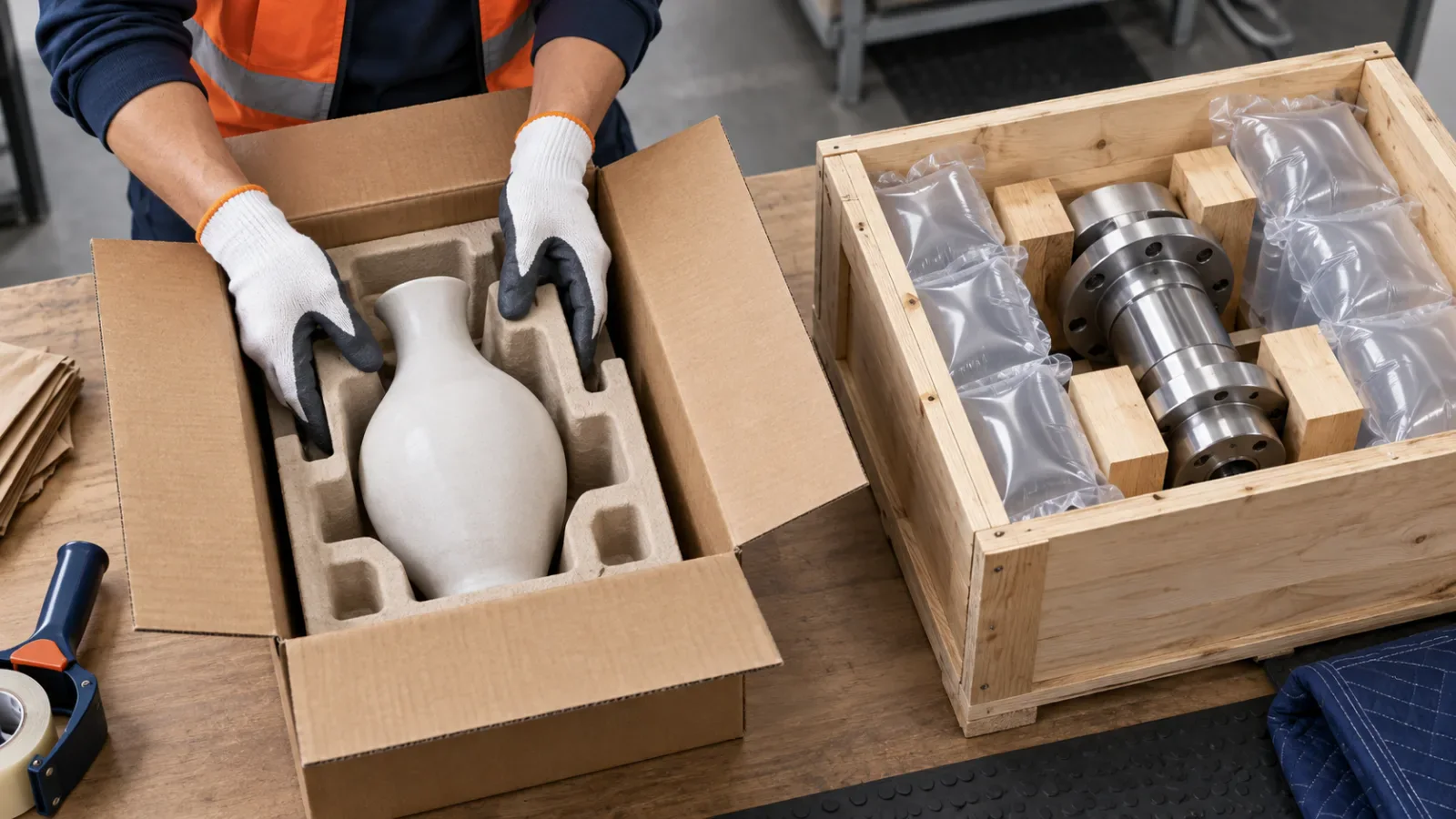Protective inserts securing a ceramic vase and a metal component in shipping containers