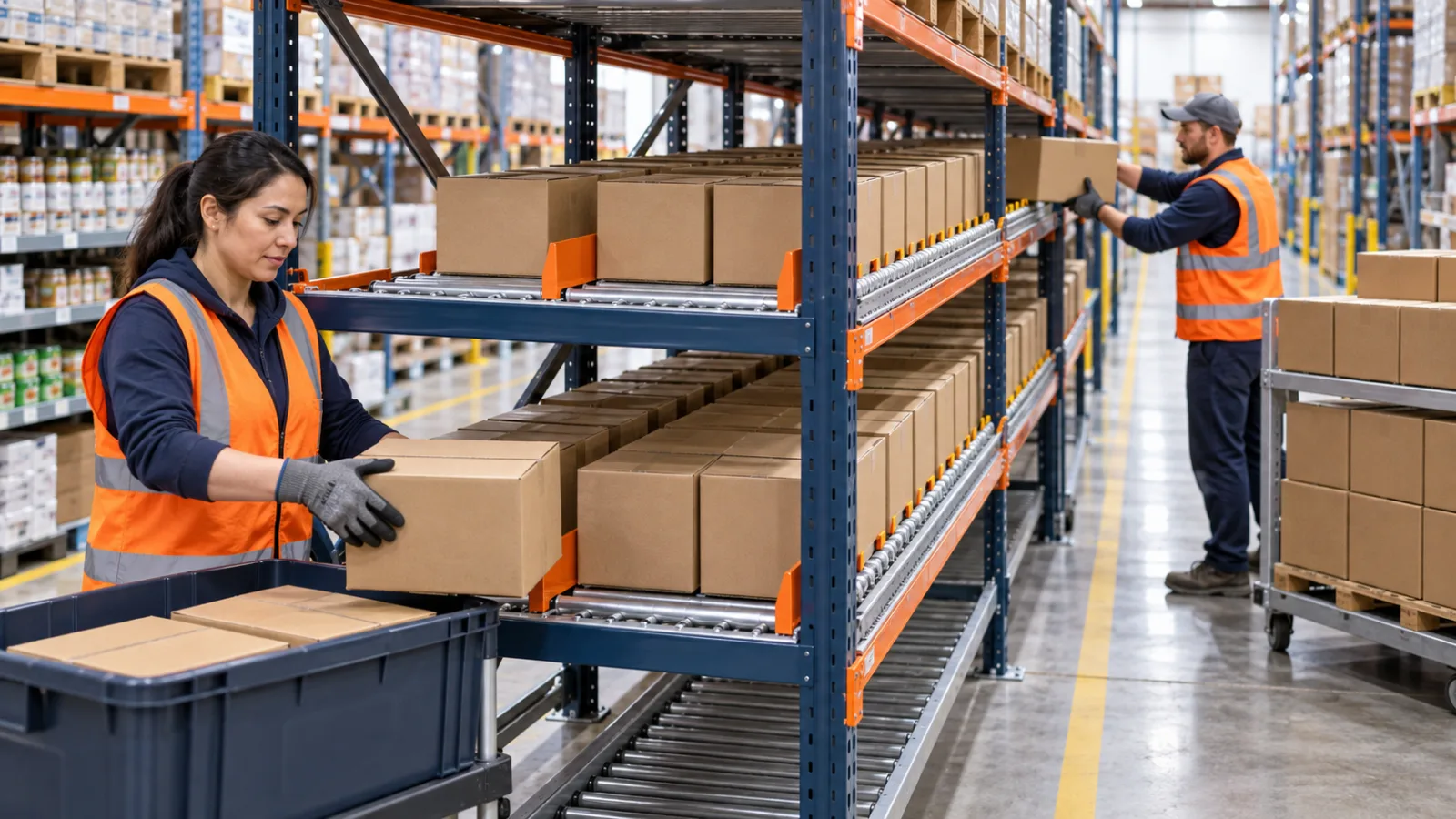 Warehouse associates loading cartons at one end of flow racks and picking from the other
