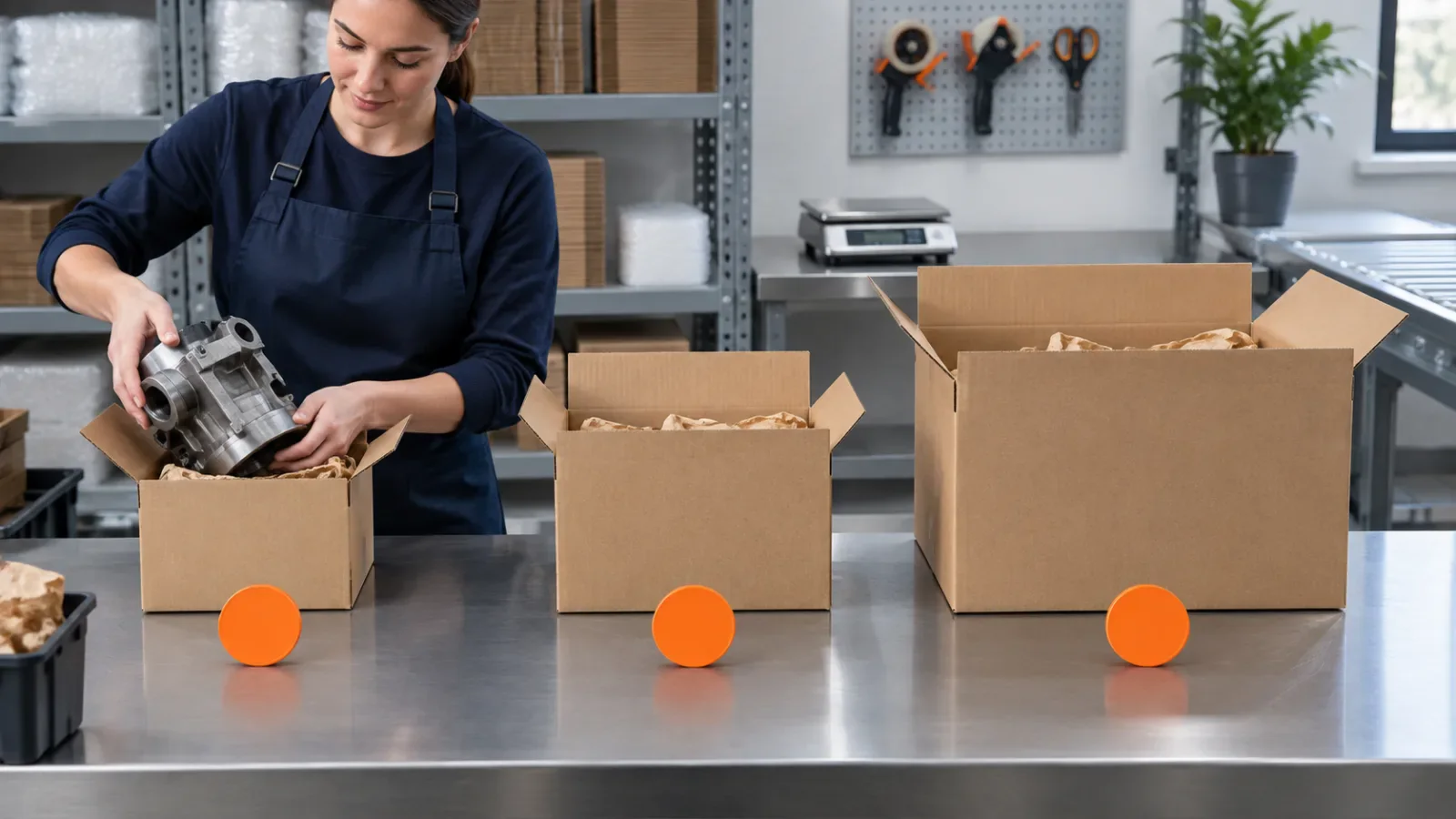 An associate packing a metal component beside three sizes of shipping boxes