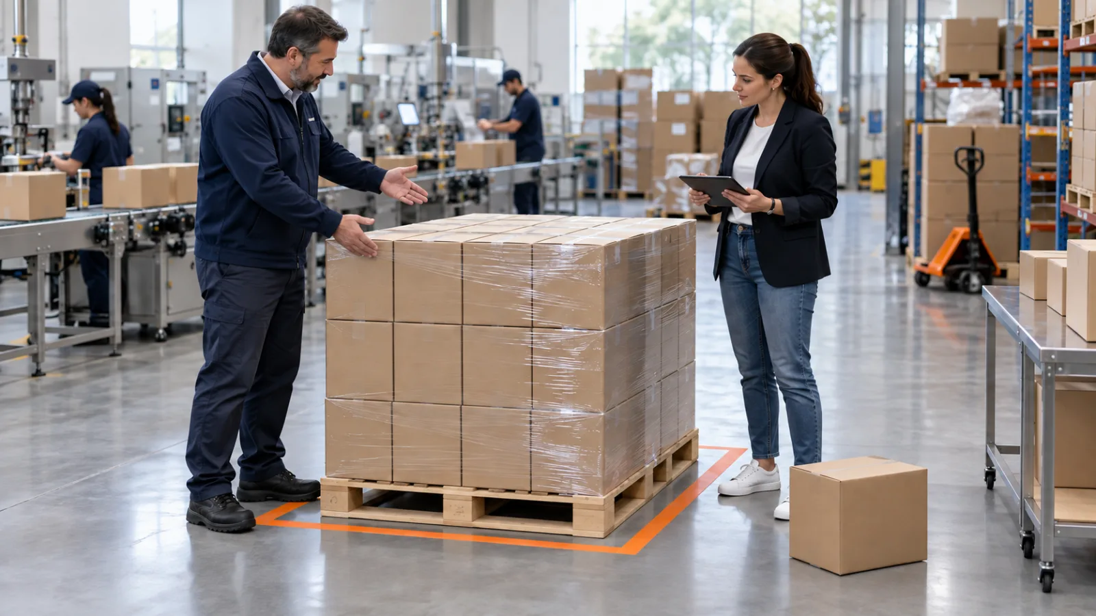 A supplier and buyer discussing a pallet-sized order beside a single carton