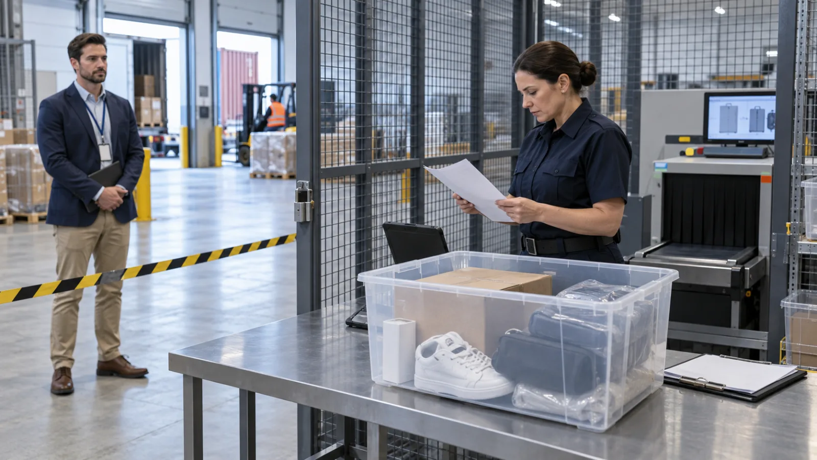 A customs officer reviewing documents beside goods held in a secure inspection area