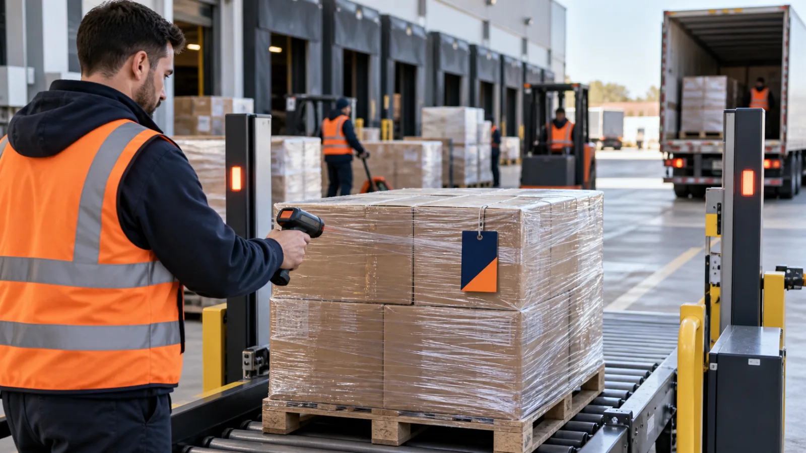 A warehouse associate scanning a wrapped freight pallet before dispatch