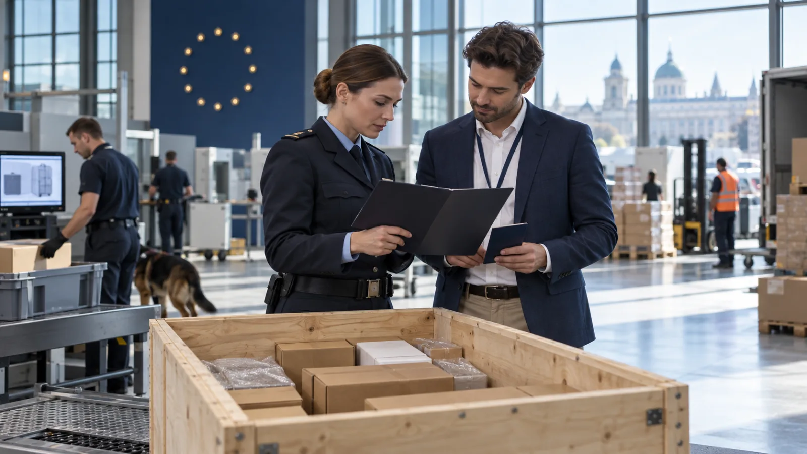 A customs officer and business representative reviewing documents beside an open freight crate