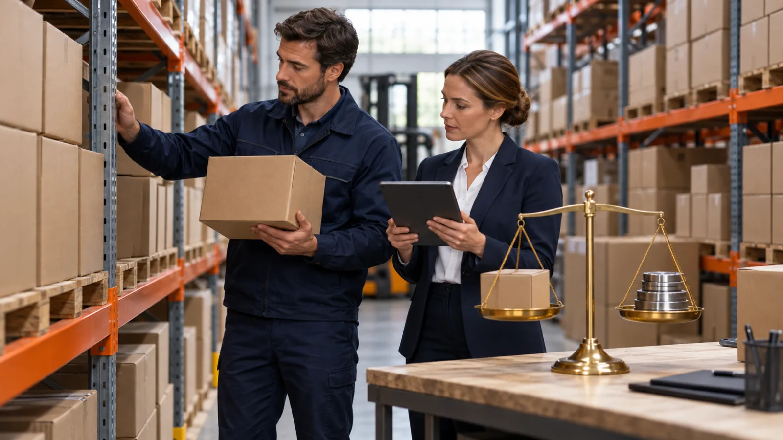 Two professionals checking warehouse stock beside scales and accounting materials