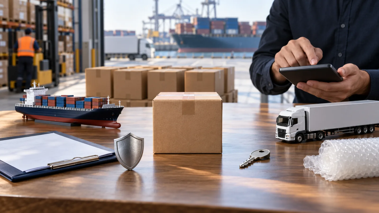 A business owner calculating landed costs beside a parcel and model freight vehicles